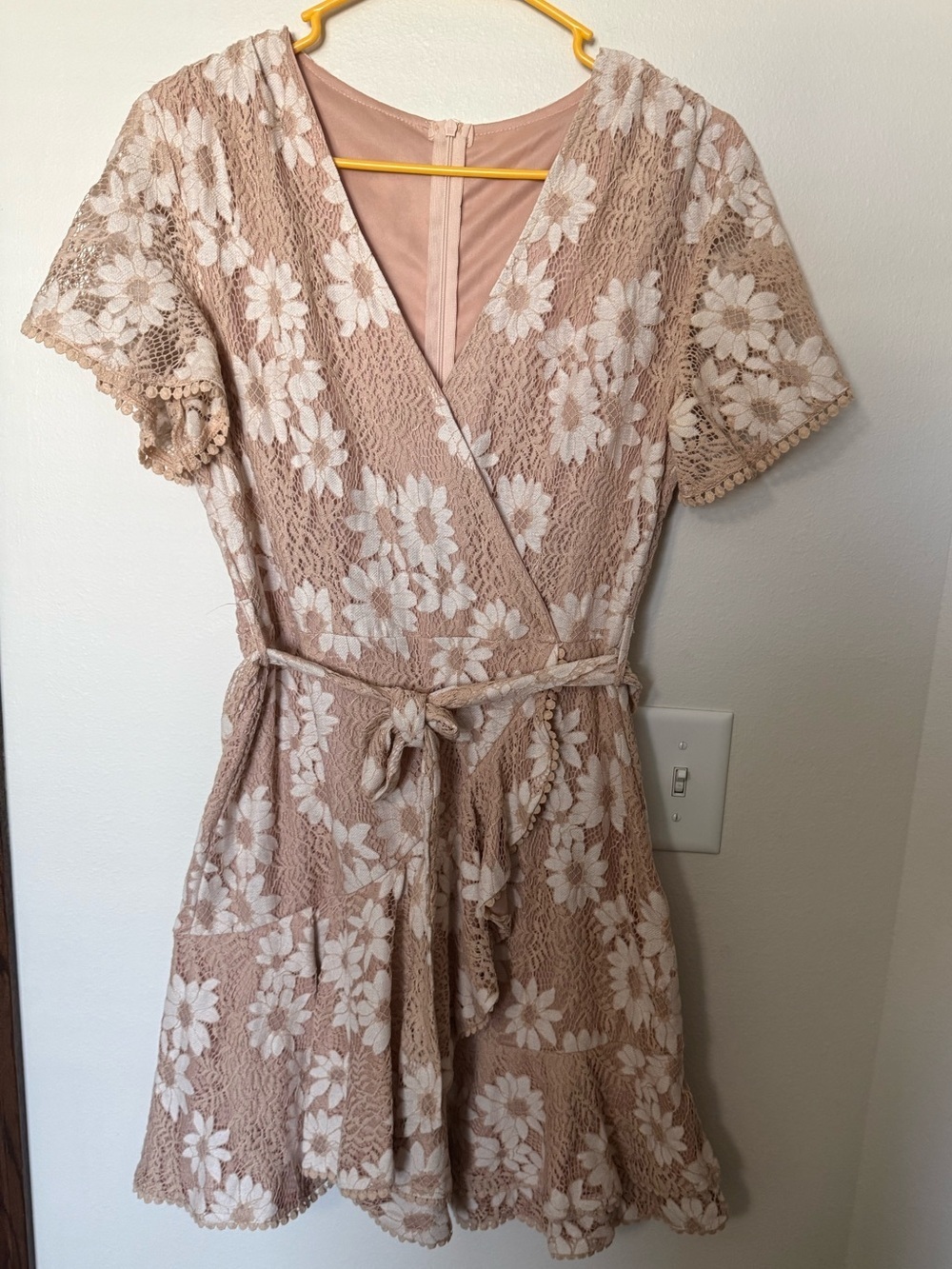 Boho Lace Floral Wrap Dress Small | Nude Blush Mini Dress Feminine Cottagecore
